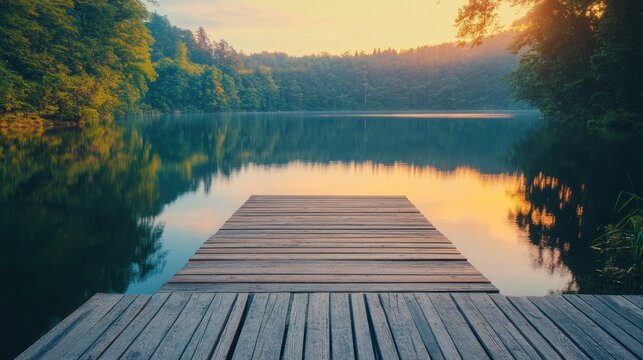 Tranquil lake-side wooden plank road