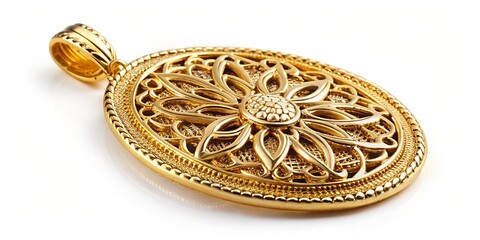 Naklejka premium a photo image of a golden oval-shaped metal pendant surrounded by intricately cut filigree patterns with a subtle sheen finish