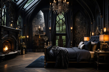 Naklejka premium A gothic-inspired bedroom with dark walls, a four-poster bed, and candelabras
