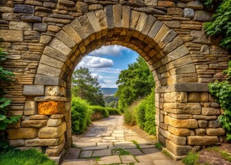 Ancient archway masterpiece crafted from rough-hewn stone, worn by time, weathering the seasons, bearing tales of forgotten eras and whispered secrets.