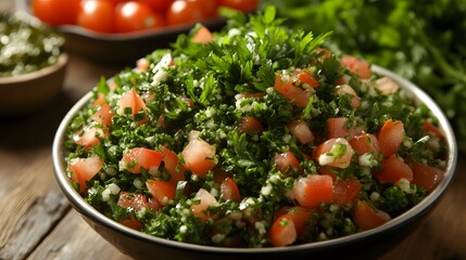 102. A bowl of Lebanese tabbouleh with parsley and tomatoes