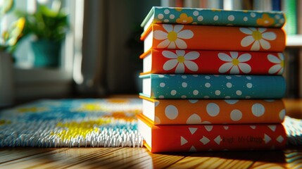 A stack of brightly illustrated children's books on a table, with a focus on their colorful covers, indicating a cozy and engaging reading session.