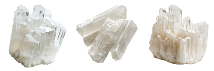 Selenite crystals cut out transparent isolated on white background PNG