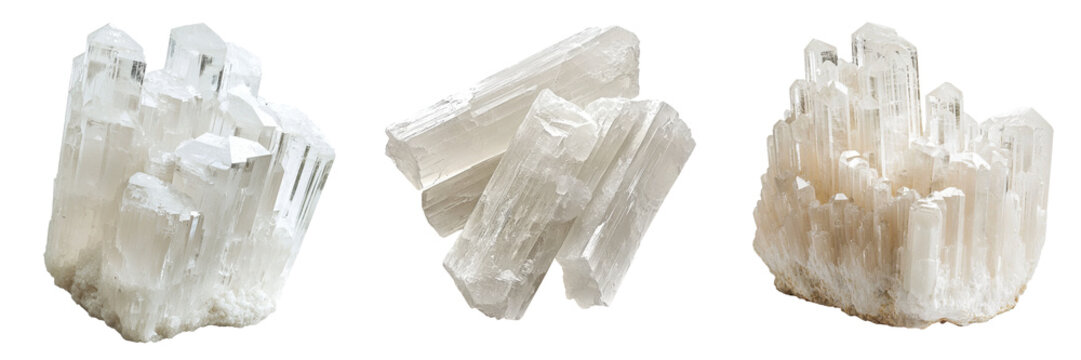 Selenite crystals cut out transparent isolated on white background PNG