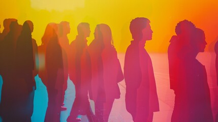 Surreal silhouettes of people standing in a colorful, gradient background, evoking feelings of...