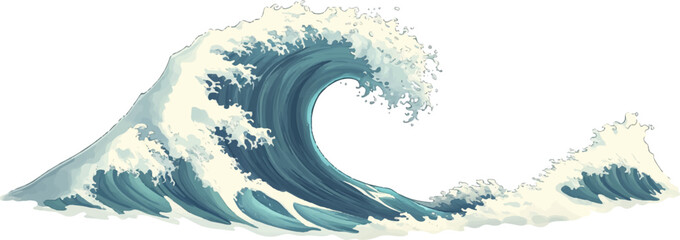 Cartoon depiction of a large wave, isolated on a white background. Detailed