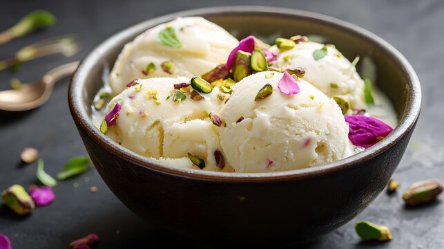 150. A bowl of Indian kulfi (traditional ice cream) with pistachios
