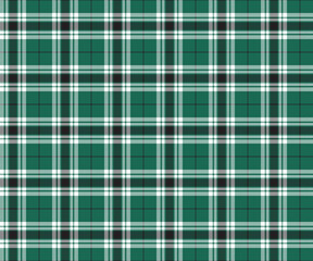 Plaid fabric pattern, green, white, black, seamless for textile and design clothes skirt pants apron tablecloth blanket or decoration. Vector illustration.