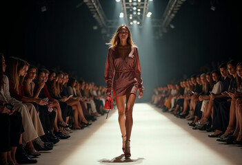A model struts confidently on the runway at a fashion week event, spotlighted to highlight their outfit and accessories	
