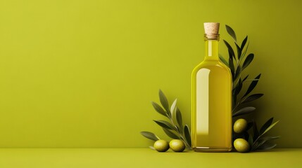 Bottle of olive oil placed on a green background with several olives and olive branches. Perfect for culinary and health-related designs.
