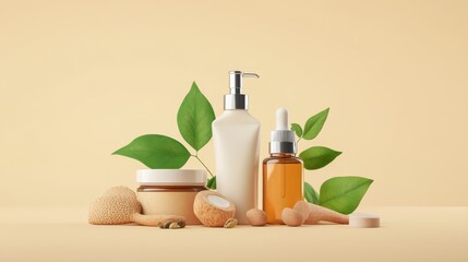 Eco-friendly skincare products in a natural setting, featuring bottles and jars with green leaves. Ideal for beauty and wellness promotions.