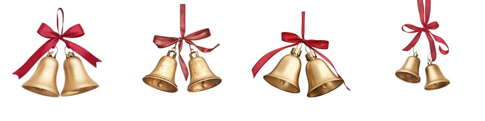 Golden Christmas bells tied together with a red ribbon, ready to ring in the holiday cheer, isolated white, cut out , PNG.