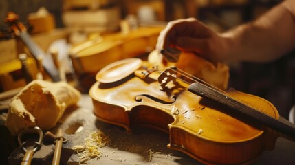 A craftsman diligently working on a violin in a workshop, with various woodworking tools and violins in the background.