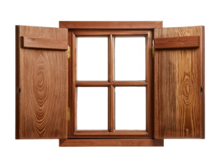 Classic wooden window, featuring open shutters, rich grain patterns cut out transparent isolated on white background PNG