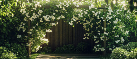 A serene garden archway adorned with vibrant white flowers, inviting tranquility and beauty into any outdoor space.