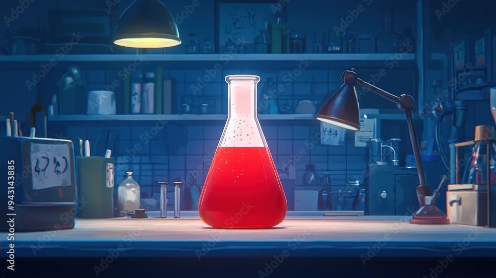 Poster a vibrant laboratory scene featuring a flask filled with red liquid, showcasing an atmosphere of cre