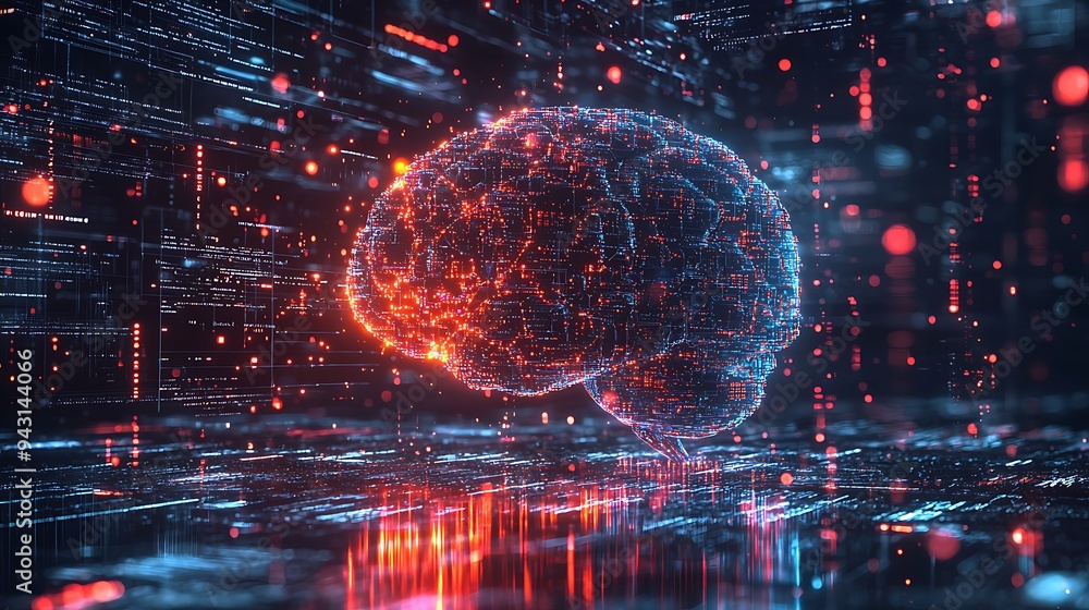 Poster a digital brain floats in cyberspace, representing the networked technology concept and the future o