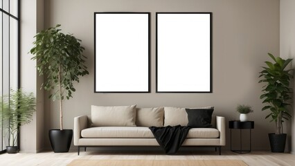 Minimalist living room with beige sofa, black frames, and potted plants
