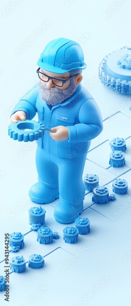 Poster colorful miniature worker inspecting gears in a playful, creative setting showcasing engineering and