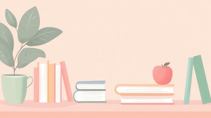 Books on shelves with teacup illustrations