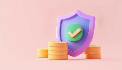 A colorful shield representing security and trust, surrounded by golden coins, perfect for finance and banking concepts.