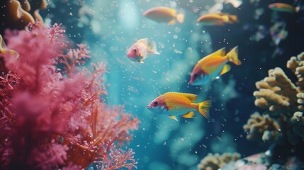 Naklejka premium Colorful fish swim amidst vibrant coral in a beautifully illuminated underwater scene, showcasing marine life in its natural habitat.