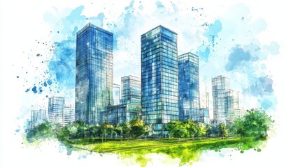 Obraz premium Watercolor drawing of modern buildings in the city center, a business and office complex with a green park nearby, on a white background.