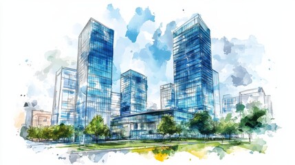 Obraz premium Watercolor drawing of modern buildings in the city center, a business and office complex with a green park nearby, on a white background.