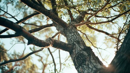 A majestic tree captured from below with sunlight filtering through its branches, creating a serene and tranquil ambiance.