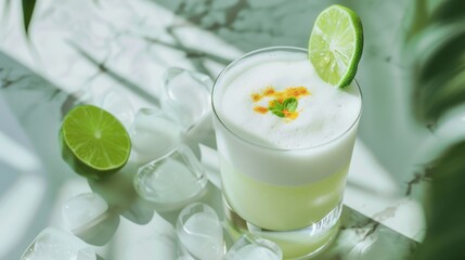 A glass of lime and mint garnished cocktail sits amidst ice cubes and fresh lime slices, bathed in sunlight showcasing a refreshing drink.