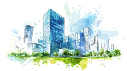 Watercolor drawing of modern buildings in the city center, a business and office complex with a green park nearby, on a white background.