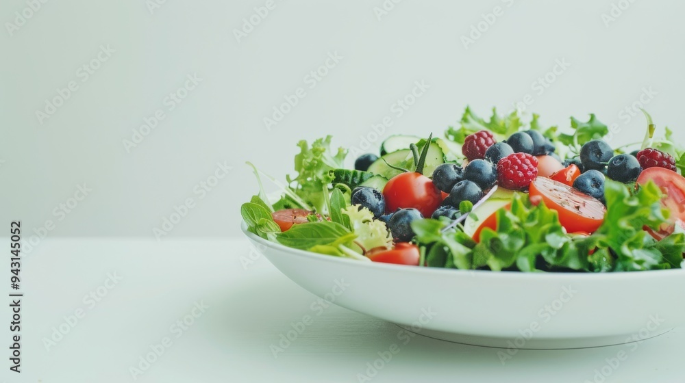 Poster A fresh and vibrant bowl of salad filled with cherry tomatoes, blueberries, blackberries, and a mix of greens, showcasing a healthy meal on a light background.