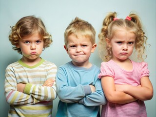 Adorably irritable children with scrunched up faces, crossed arms, and slumped postures, displaying relatable tantrum tantrums and adorable expressions of discontent.