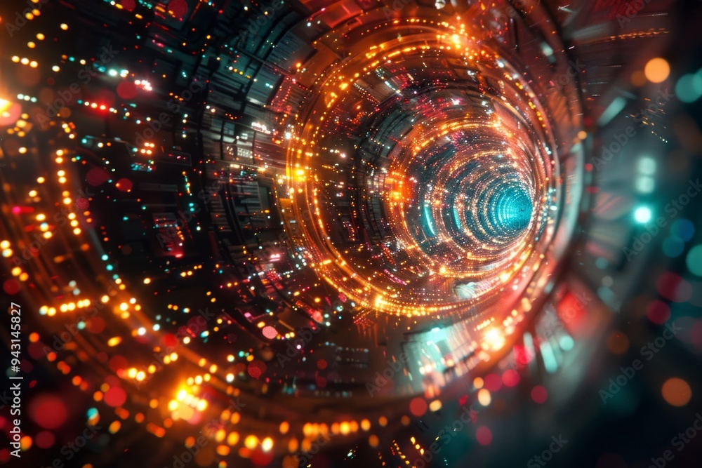 Poster colorful digital vortex with glowing lights creates a mesmerizing visual experience in an abstract s