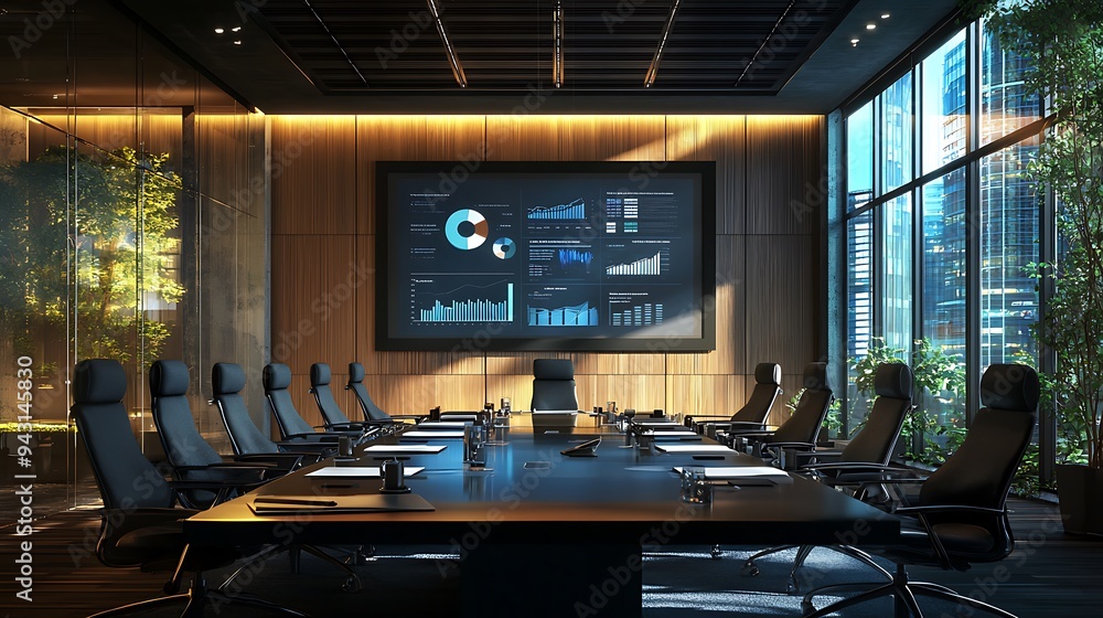 Aufkleber a modern conference room is equipped with a large screen displaying data analytics, where business i