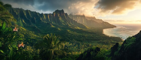 views of mountains with green trees and lakes with waterfalls