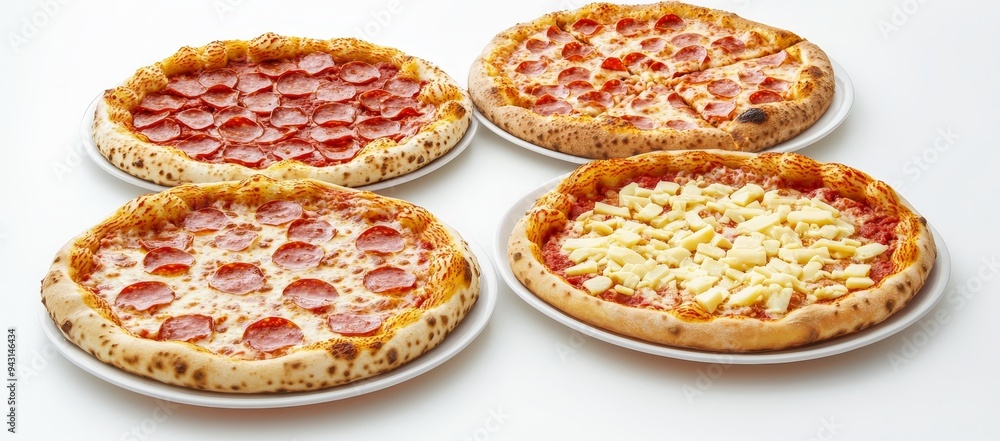 Poster Collection of pizza slices with various tasty toppings and isolated on white background, fast food menu with lots of calories.