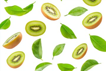 Floating ripe slices of Kiwi with green leaves, a popular sour fruit rich in vitamins.