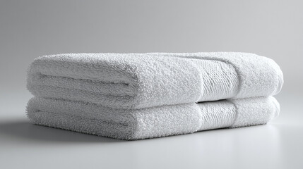 A pair of freshly folded white towels, perfect for use in a bathroom or spa setting, showcasing softness and cleanliness.