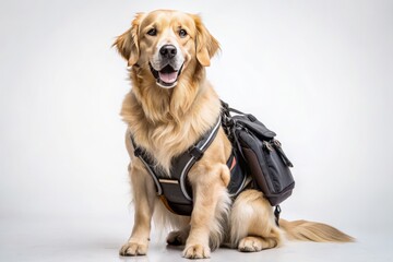 A friendly golden retriever proudly wears a dog harness backpack, standing upright in front of a crisp white background, its fur well-groomed.