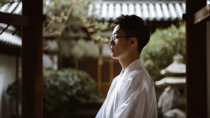 Fototapeta premium A serene young man, dressed in traditional attire, stands composed and reflective in a tranquil courtyard surrounded by lush greenery.