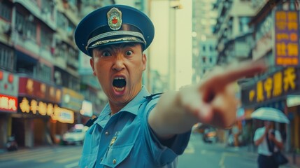 A police officer in uniform pointing forward with authority in an urban street, capturing a moment of intense direction and control amidst bustling city life.