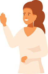 Young woman smiling and waving saying hello greeting people