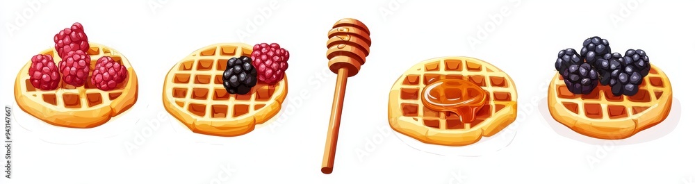 Poster a flat lay of tasty waffles with several tasty toppings isolated on a white background.