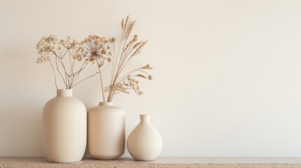 Three simple beige vases with various dried flowers, arranged neatly against a soft background, exuding tranquility and minimalism.