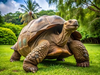 Fototapeta premium A gentle giant, a massive tortoise with a thick, brown shell and long, slender neck, emerges from the underbrush onto a sun-drenched, lush green field.