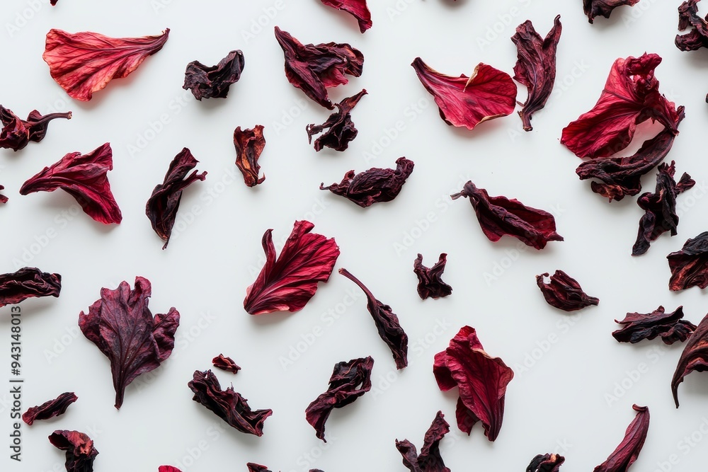 Sticker Flowers and petals of a dried rose bud for making tea isolated on a black background.