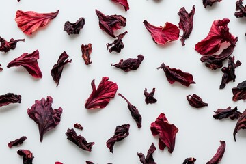 Flowers and petals of a dried rose bud for making tea isolated on a black background.