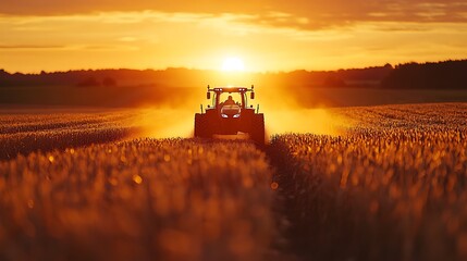 Fototapeta premium A tractor silhouette stands out against the vibrant colors of a sunset in a wheat field, a scene of rural beauty and hard work.