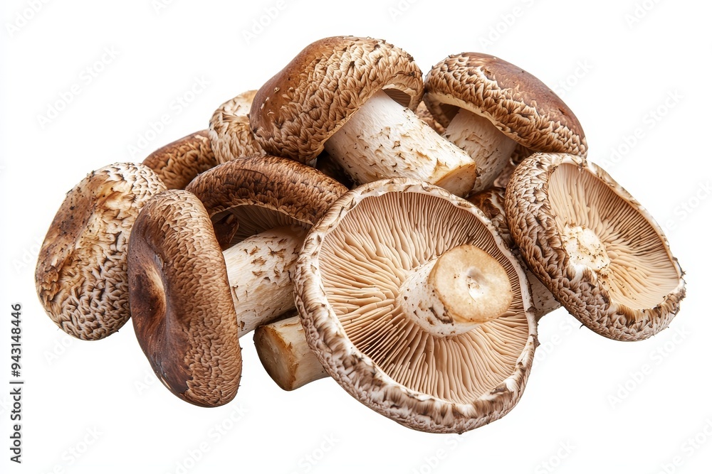 Aufkleber animated close-up of brown mushrooms with half slices sitting on a background with flying ingredient